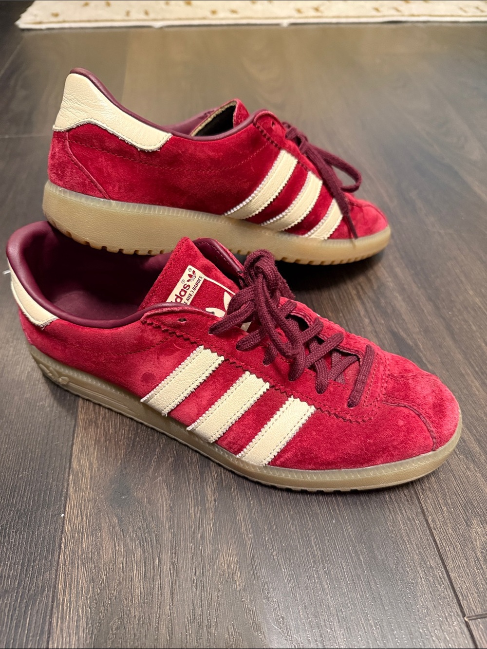 adidas Burgundy Suede Sneakers with Cream Stripes, 7.5 MEN